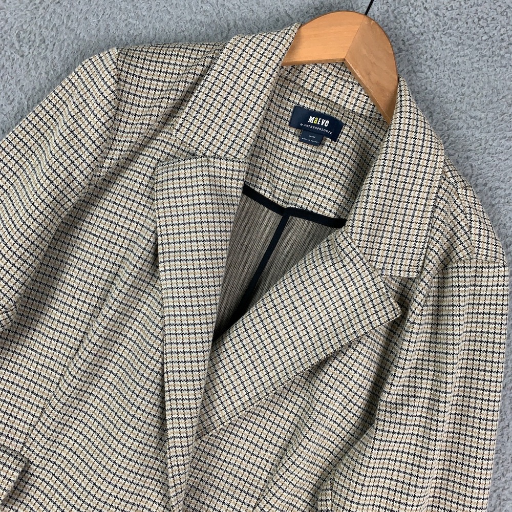 Anthropologie Maeve Collegiate Blazer Women's Large Tan Plaid Knit Asymmetrical - Picture 3 of 14
